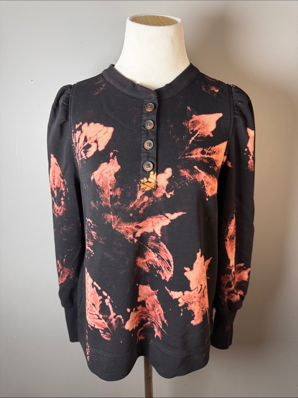 Black Pullover Henley with Coral Tie-Dye Floral Print